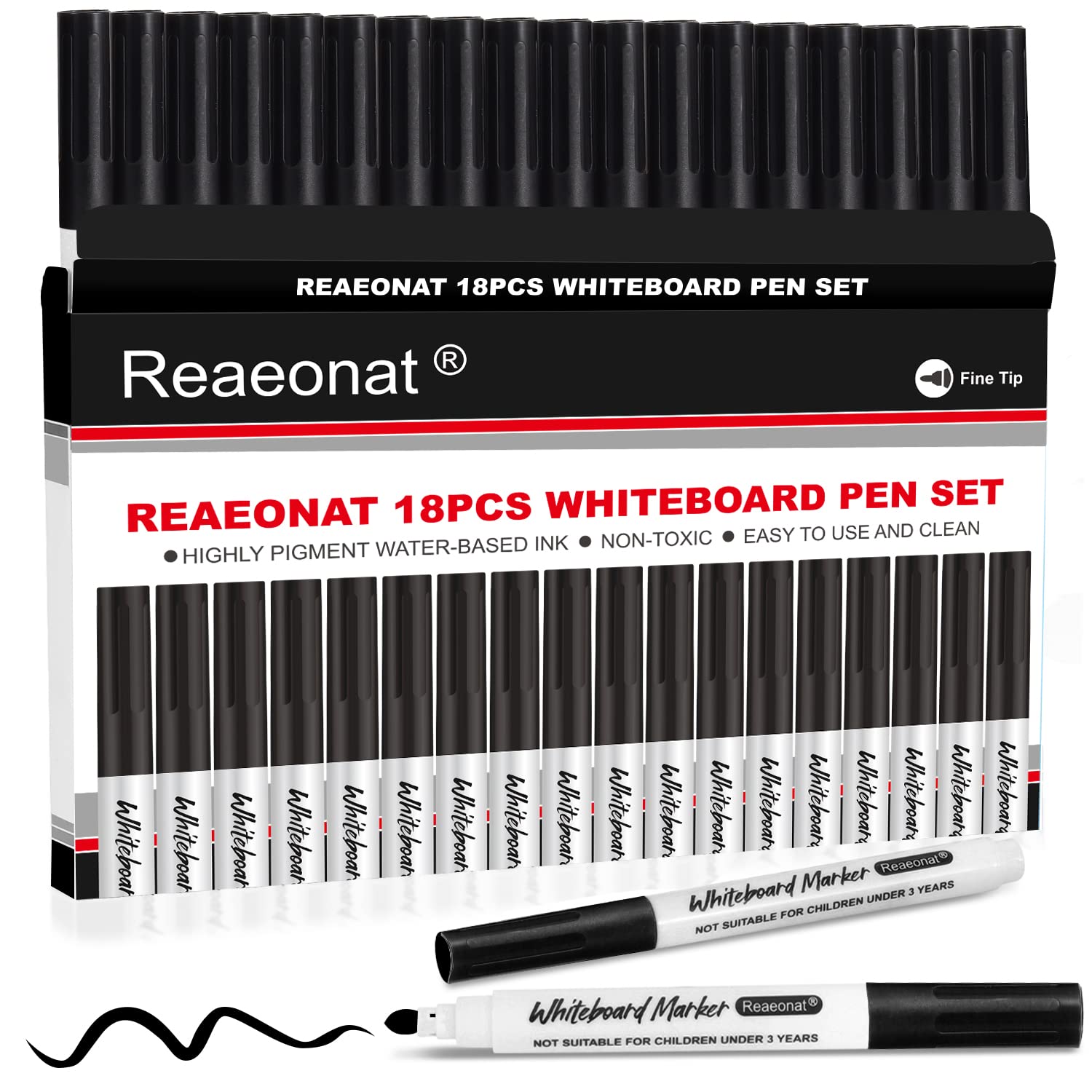 Reaeonat Black Whiteboard Markers, 18 Pack Dry Erase Fine Tip White Board Pens Ink Marker for Home, Office Uses
