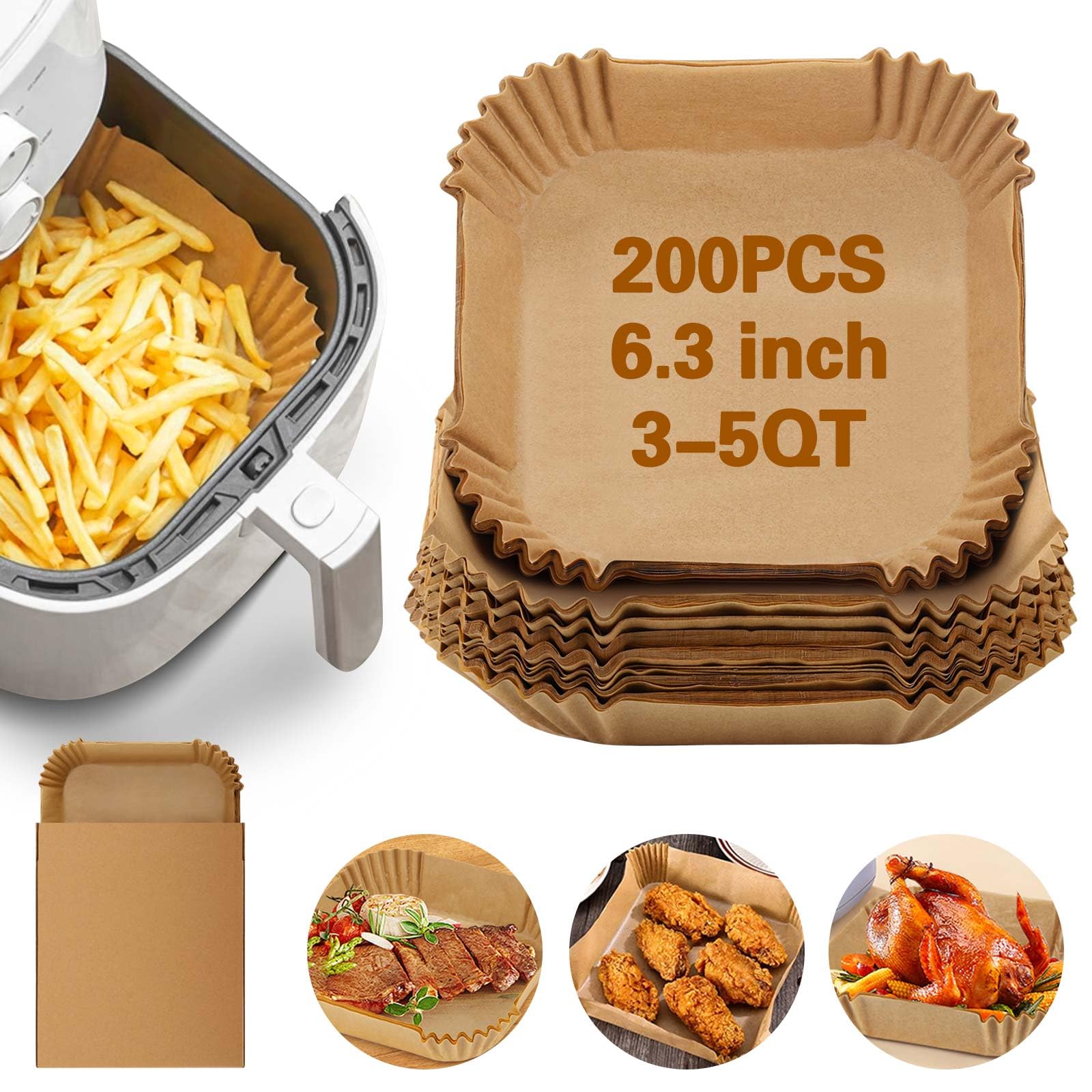 Photo 1 of 200Pcs Air Fryer Paper Liners, 6.3 Inch Square Disposable Air Fryer Liner, Non-stick Parchment Paper for Frying Baking Roasting Microwave Oven