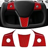 T-carbon Real Glass Fiber Steering Wheel Trim Cover Compatible with Tesla Model 3 2017-2023, Model Y 2020-2025 Steering Wheel Wrap Interior Decorative Accessories, Red