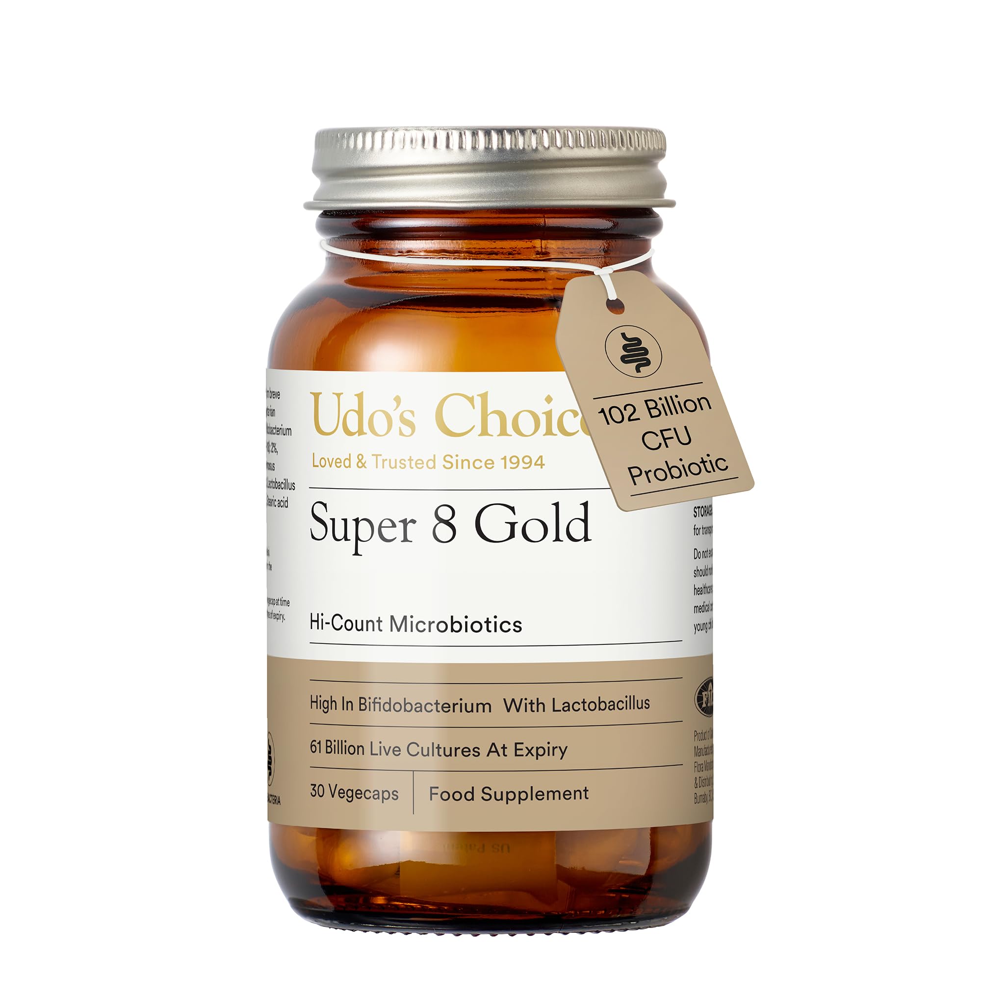 Udo's Choice Super 8 Gold Hi Count Microbiotics - 102 Billion Cell Count - 8 Microbiotic Strains - High Percentage & Concentration of Bifido Strains - 30 Vegicaps - One a Day