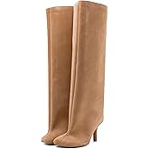 VOZTOLLS Women's Knee High Suede Boots for Women Wide Calf Square Toe Stiletto Heels Tall Boots Pull On High Heel Long Booties