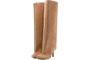 VOZTOLLS Women's Knee High Suede Boots for Women Wide Calf Square Toe Stiletto Heels Tall Boots Pull On High Heel Long Booties