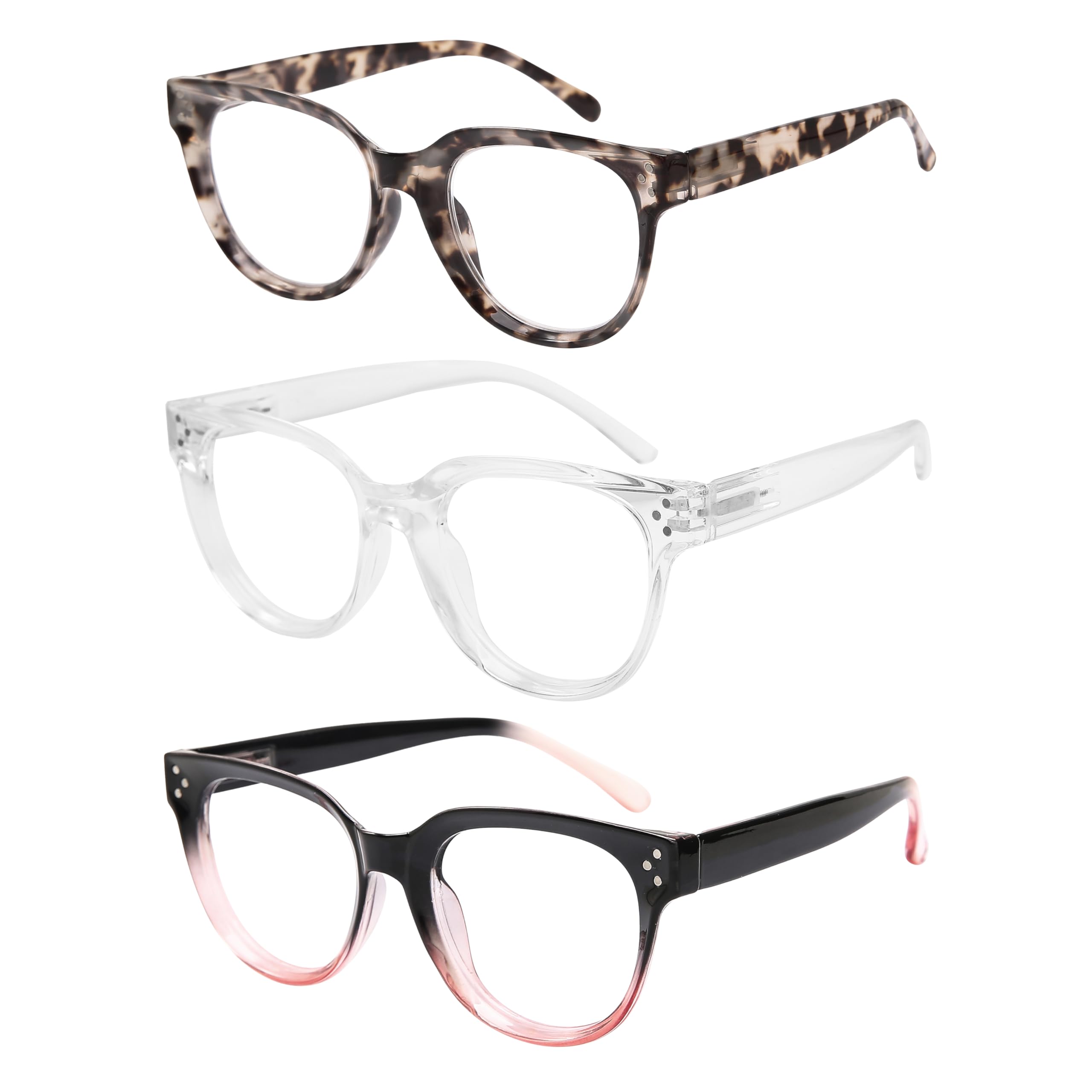 Vecien Reading Glasses Blue Light Blocking Readers Oversized for Women Large Frame Big Lens Readers Spring Hinge Retro 3 Pack Tortoiseshell/Transparent/Black Pink (1.0) — image 1