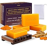 Calzzle Kojic Acid Soap 4PCS, Dark Spot Remover & Brightening with Turmeric, Vitamin C & Retinol, Moisturizing with Collagen & Shea Butter, Gentle for Face and Body, With Soap Holder & Net, 110g Each