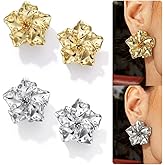 KRFY Statement Earrings 2 Pairs, S925 Sterling Silver Post 16K Plated Chunky Gold Earrings For Women Trendy, Hypoallergenic Big Flower Leaf Stud Earring Set, Silver Color Large Dangle Earrings Jewelry
