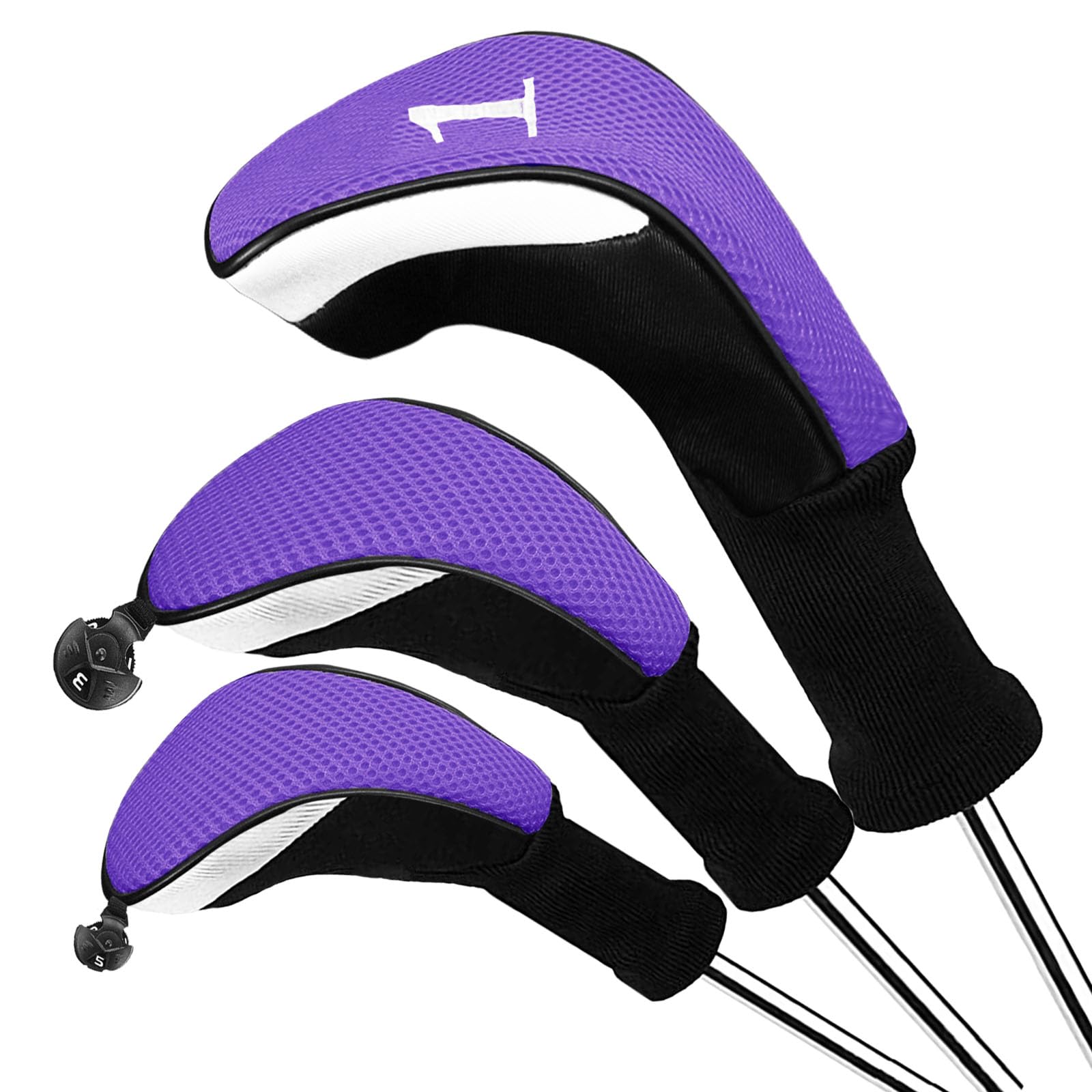 FINGER TEN Golf Club Head Covers for Woods Long Cover Driver Hybrid Fairway, Headcovers with Interchangeable No. Tag Novelty Durable Fit Woods Clubs (Purple-3 pack (1 Driver& 1 Fairway&1 Hybrid))