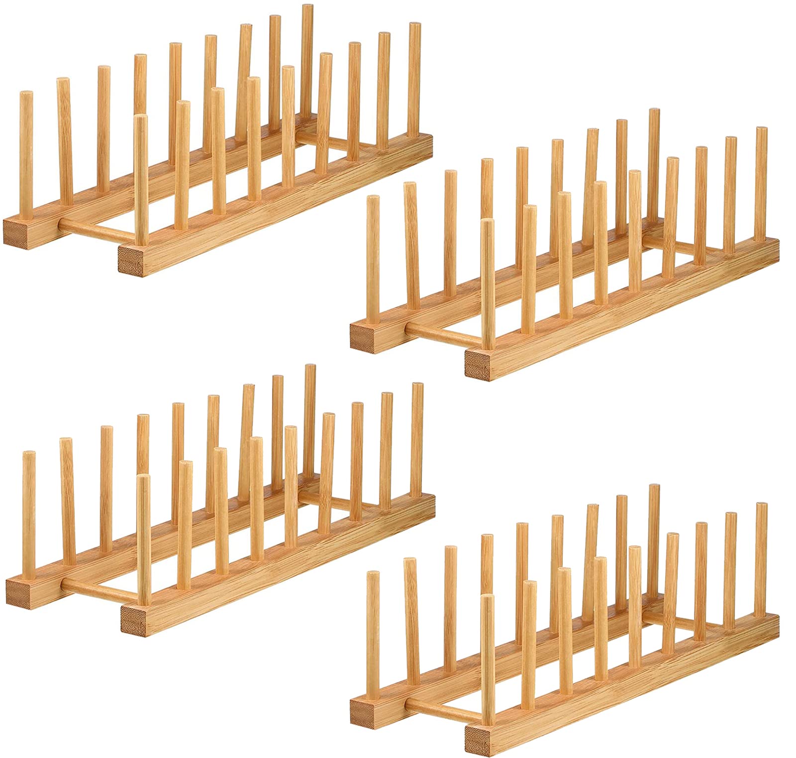 Lawei 4 Pack Bamboo Cupboards Dish Rack - Plate Rack Stand Pot Lid Holder, Kitchen Cabinet Organizer for Bowl, Cup, Cutting Board and More, 34 x 12 x 10.5cm