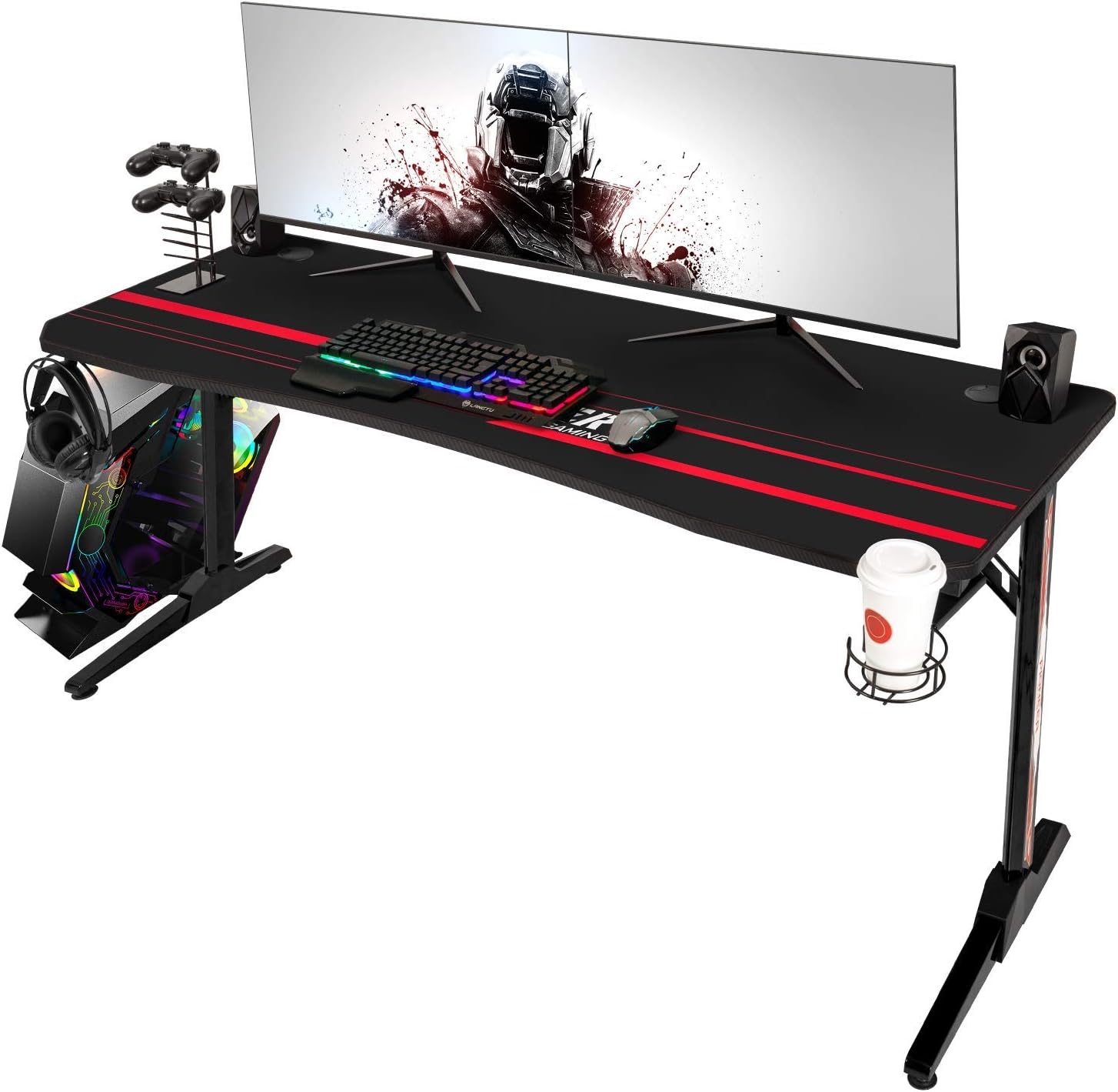 Amazon Com Devoko 55 Inch Gaming Desk Racing Style Computer Desk Free Mouse Pad T Shaped Professional Gamer Desk With Gaming Handle Rack Cup Holder And Headphone Hook Black Kitchen Dining