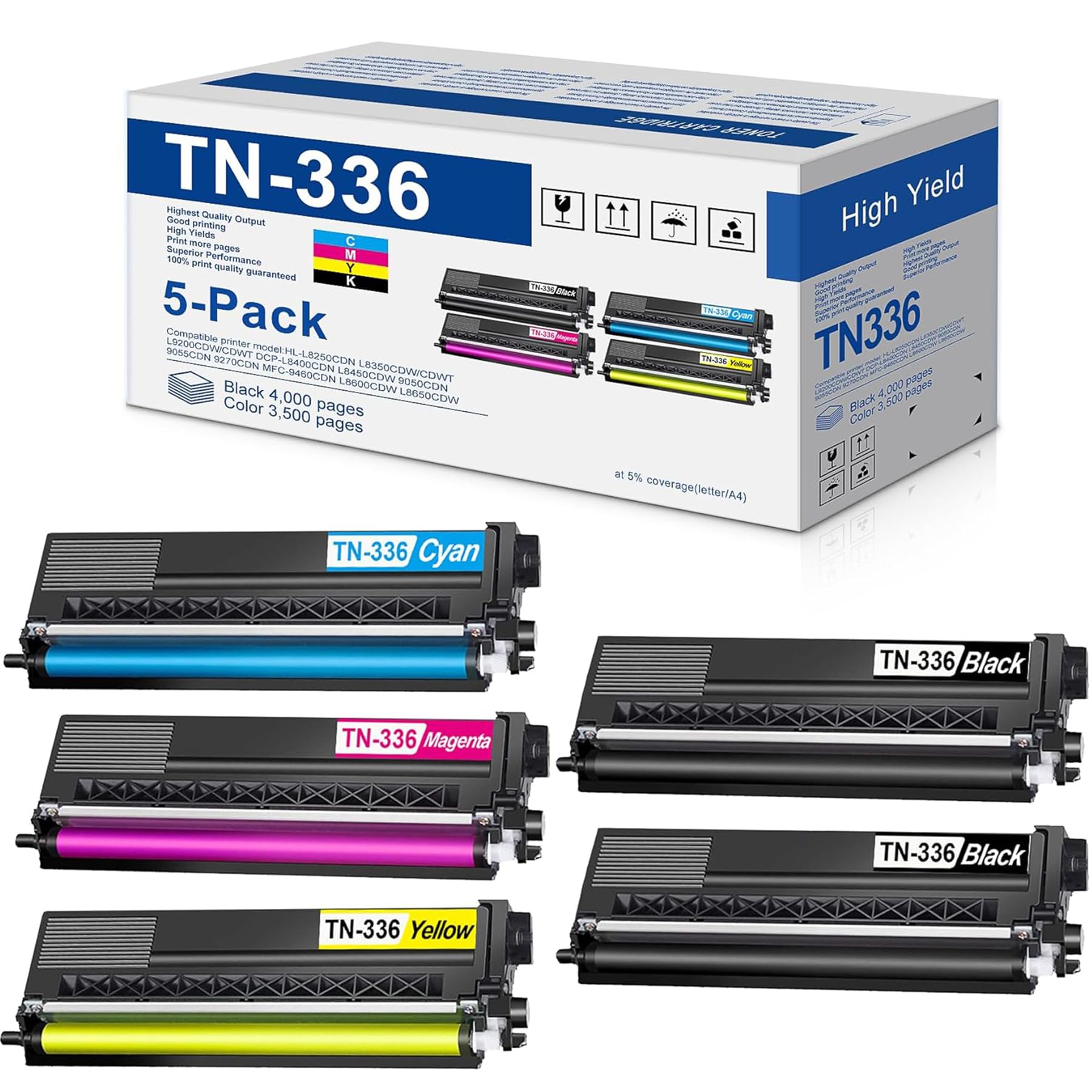 Photo 1 of TN-336 Toner Cartridge High Capacity (5-Pack, 2BK/1C/1M/1Y) Replacement for Brother HL-L9200CDW/CDWT DCP-L8400CDN L8450CDW 9050CDN MFC-L8650CDW L8850CDW L9550CDW Printer