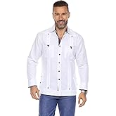 Mojito Collection Men's 100% Linen Guayabera Shirt Long Sleeve with Print Trim Accent