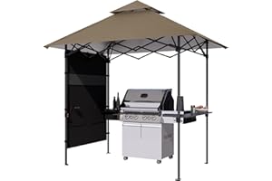 ABCCANOPY 8x5 Pop Up Grill Gazebo - Outdoor BBQ Canopy with Shelf & Sidewall, Portable Barbeque Shelter with 2 Magnetic LED Lights, Carry Bag for Patio Garden Events Picnic Grilling, Khaki
