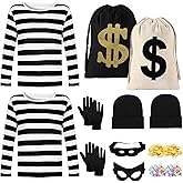 Halloween Robber Costume Men Women 2 Set Thief Cosplay Burglar Striped Shirt Outfit Party Knit Cap Canvas Bag Mask