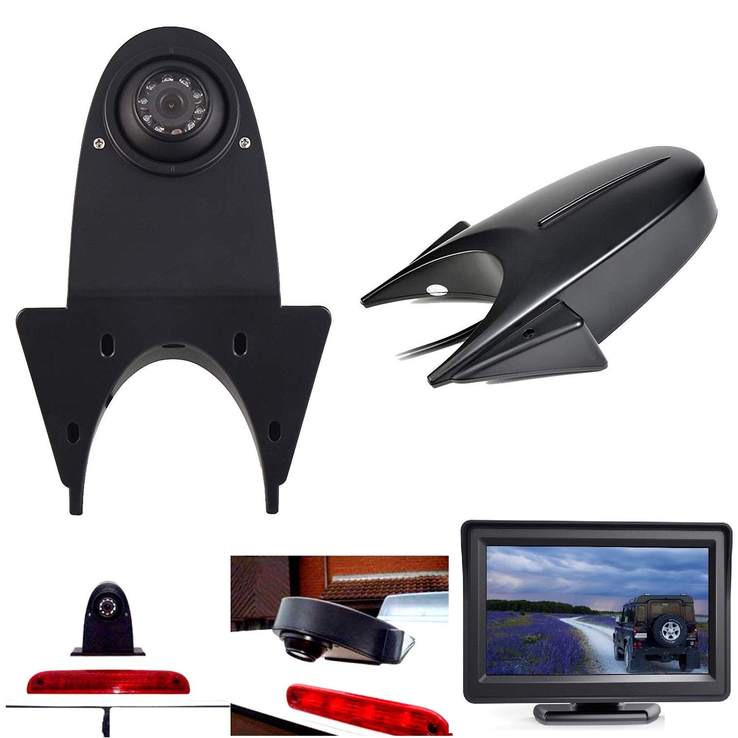 Third Roof Top Mount Brake Light Brake Light Rear Backup Reversing Camera With 4.3" inch Dash Mounted Monitor for Mercedes Sprinter 1500 2500 3500 Transporters Viano Vito Transit Ducato Crafter