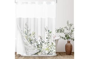 Tititex No Hooks Snap in Liner Green Eucalyptus Leaves Shower Curtain Sets, Hotel Luxury Double Layers Waterproof Fabric & See-Through Top Window Bathroom Decorative 72x72 Inch