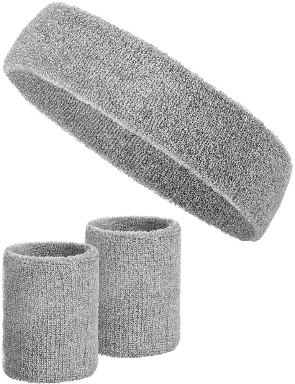 3-piece sweatband set with 2x sweatbands for wrists + 1x headband for women & men (grey)