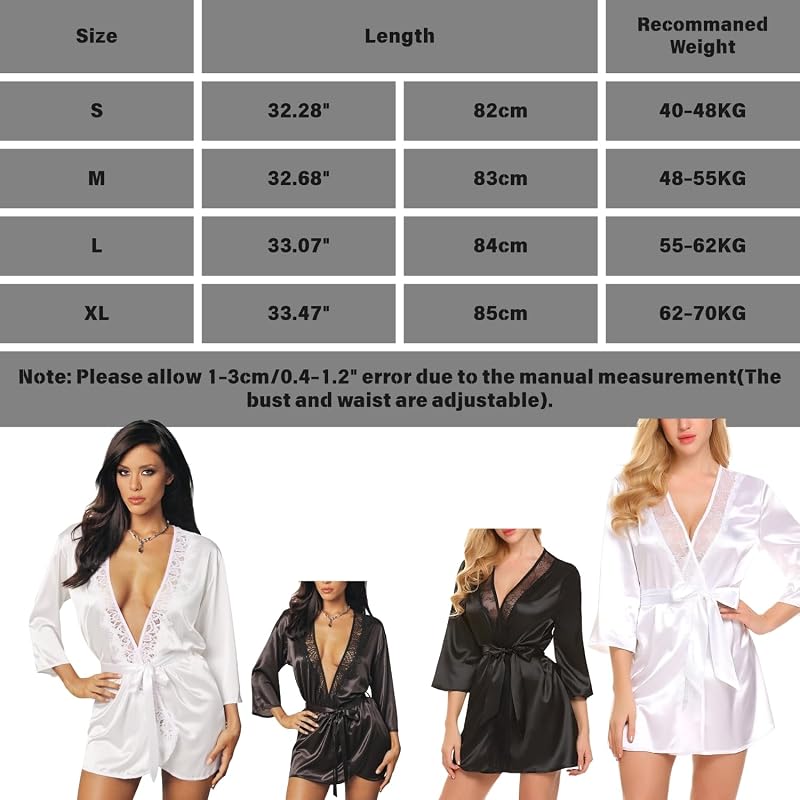 Damen Halbarm Satin Pajama-Kleid, V-Ausschnitt und Spitzenbesatz Nachthemd, Bequemes Eisseiden Pyjama-Nachthemd Mini Kleid Weiche Schlafanzug-Bindesachen, Loungewear (Weiß, L)