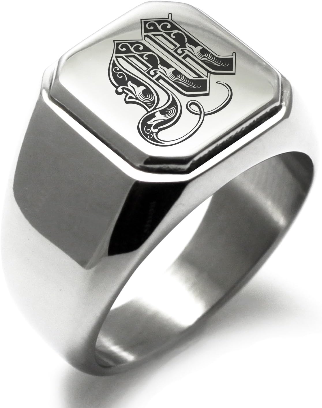 Stainless Steel Letter M Alphabet Initial Royal Monogram Square Flat Top Biker Style Polished Ring