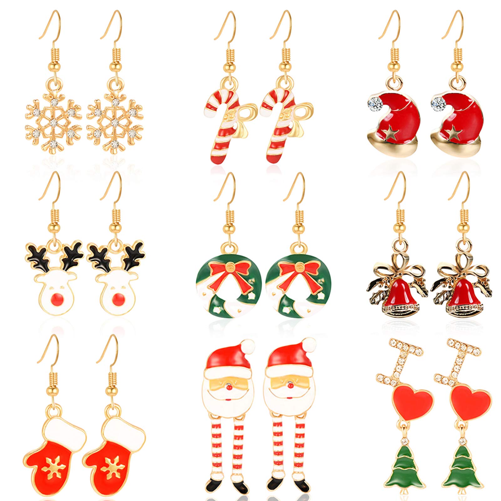 HOWAF 9 Pairs Novelty Christmas Earrings for Women Girls, Xmas Drop Dangle Earrings for Christmas Jewellery Gifts, Snowflake Reindeer Gloves Christmas Tree Bell Wreath Cane Santa Hat Drop Earring