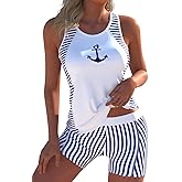 MODLILY Sporty Tankini Swimsuits for Women, Cut Out High Stretch Bathing Suits, Slim Tank Top with Boyshorts