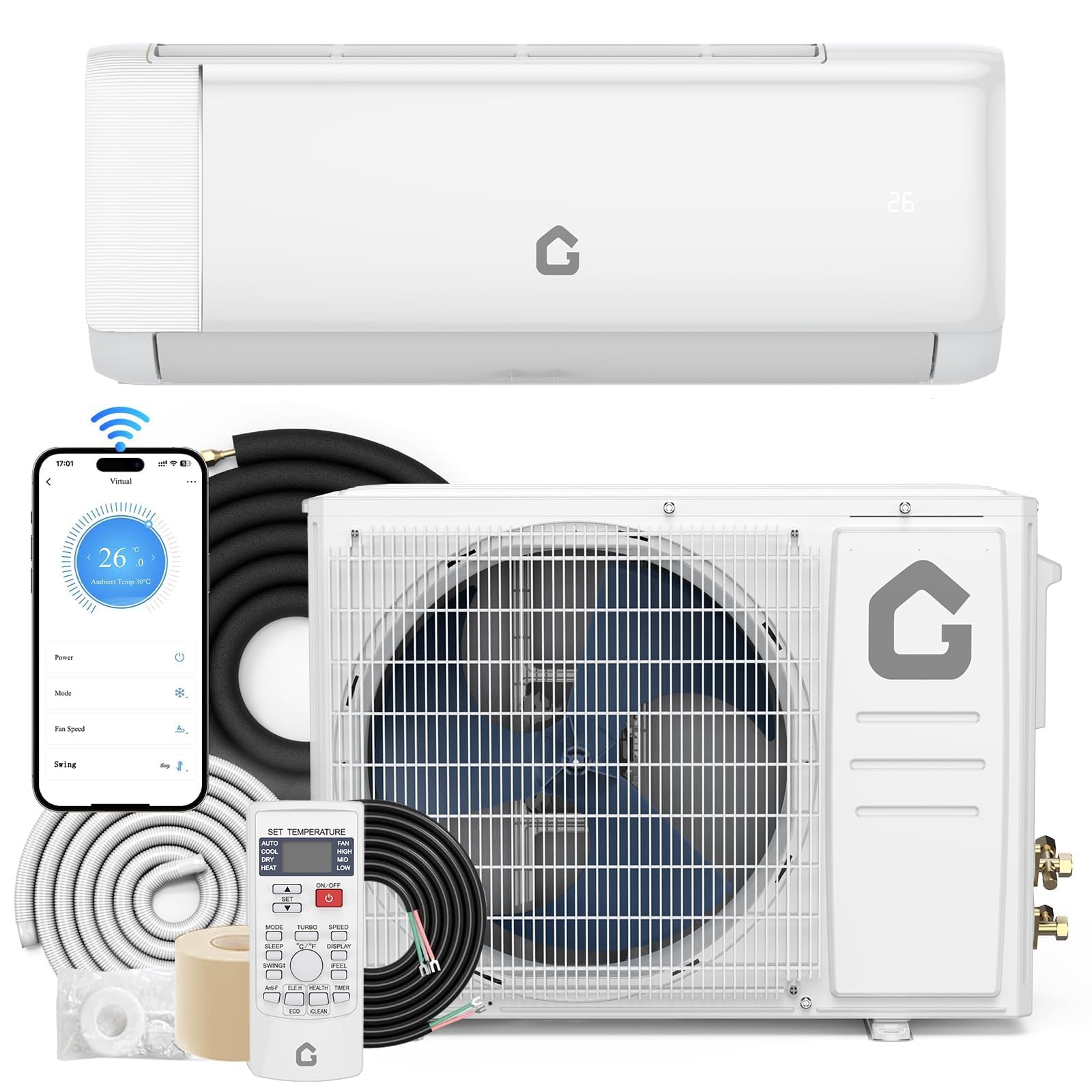 Photo 1 of ***PARTIAL SET - PRICE ADJUSTED*** Air Conditioner, 24000 BTU Ductless Mini Split AC, Heating System, 19 SEER2, 208-230v, Cools, Heats 1500 Sq.Ft, Smart WiFi, Voice Control, Ultra Quiet 41 DB