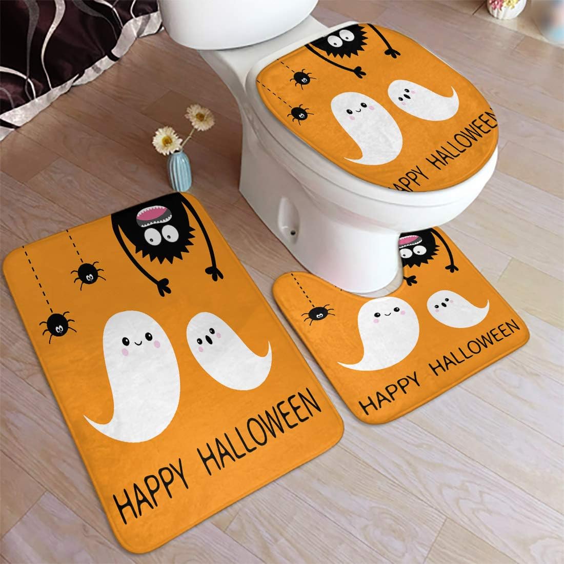 Tinmun Bathroom Antiskid Pad Happy Halloween Two Flying Ghost Soft Comfort Anti-Skid Absorbent Toilet Seat Cover Bath Mat Lid, 3pcs/Set Rugs Rug