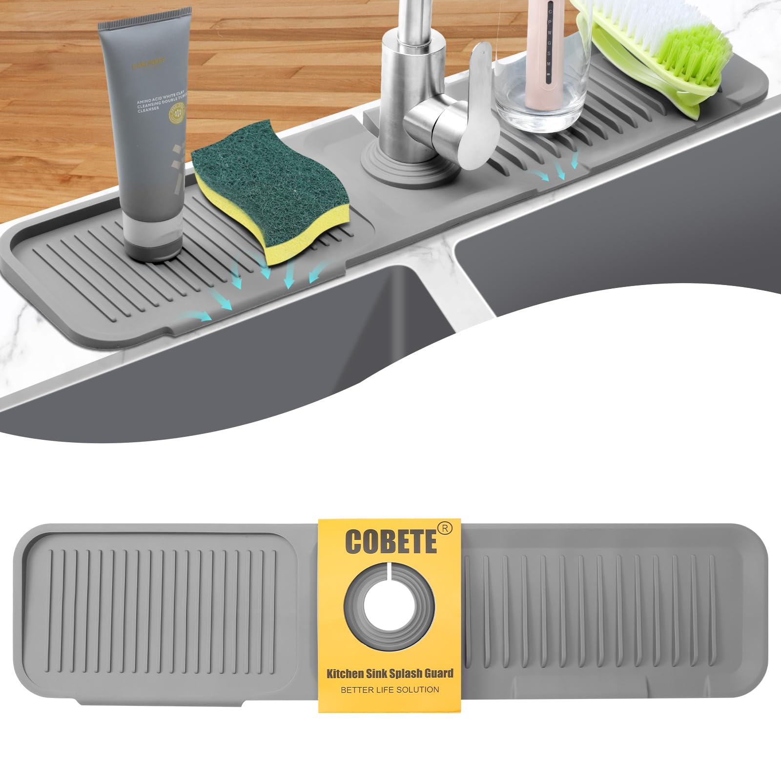 Photo 1 of COBETE Kitchen Sink Splash Guard, 5°Slope 24in Faucet Mat Splash Catcher, Handle Drip Catcher Tray, Multipurpose for Kitchen Dish Drying Mats Sponge Holder and Bathroom Countertop Protect