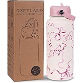 Goetland Ribbon Water Bottle with Straw Lid 32 oz Stainless Steel Wide Mouth Vacuum Double Insulated Drinking Cup Cute Leakproof UV Printing For Women Girls Pink