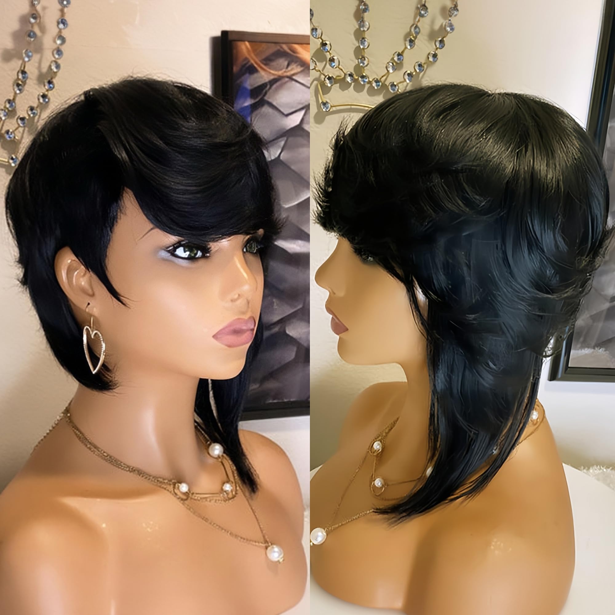 Photo 1 of SisBroSis10A Short Pixie Cut Human Hair Wig Model Length Brazilian Virgin Straight Hair Wigs Glueless Full Machine Made Side Part Short Layered Pixie Haircut Wig With Bangs Natural Black Color (Black)