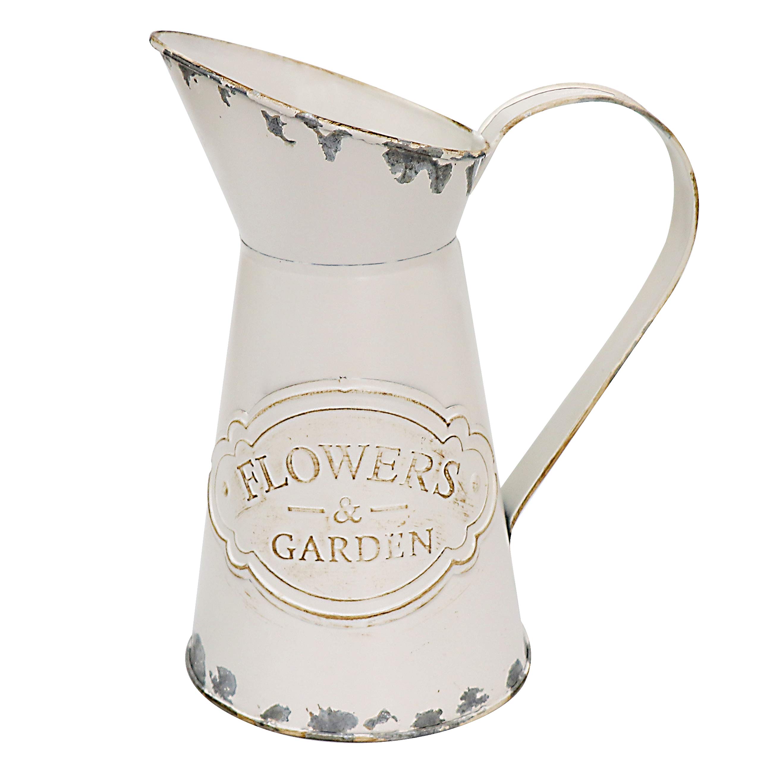 Soyizom Vintage French Pitcher - Metal Rustic Vase/Watering Jug - Galvanized Tin Decor - Country Primitive Jug For Flower Holder, White - 8.9" H