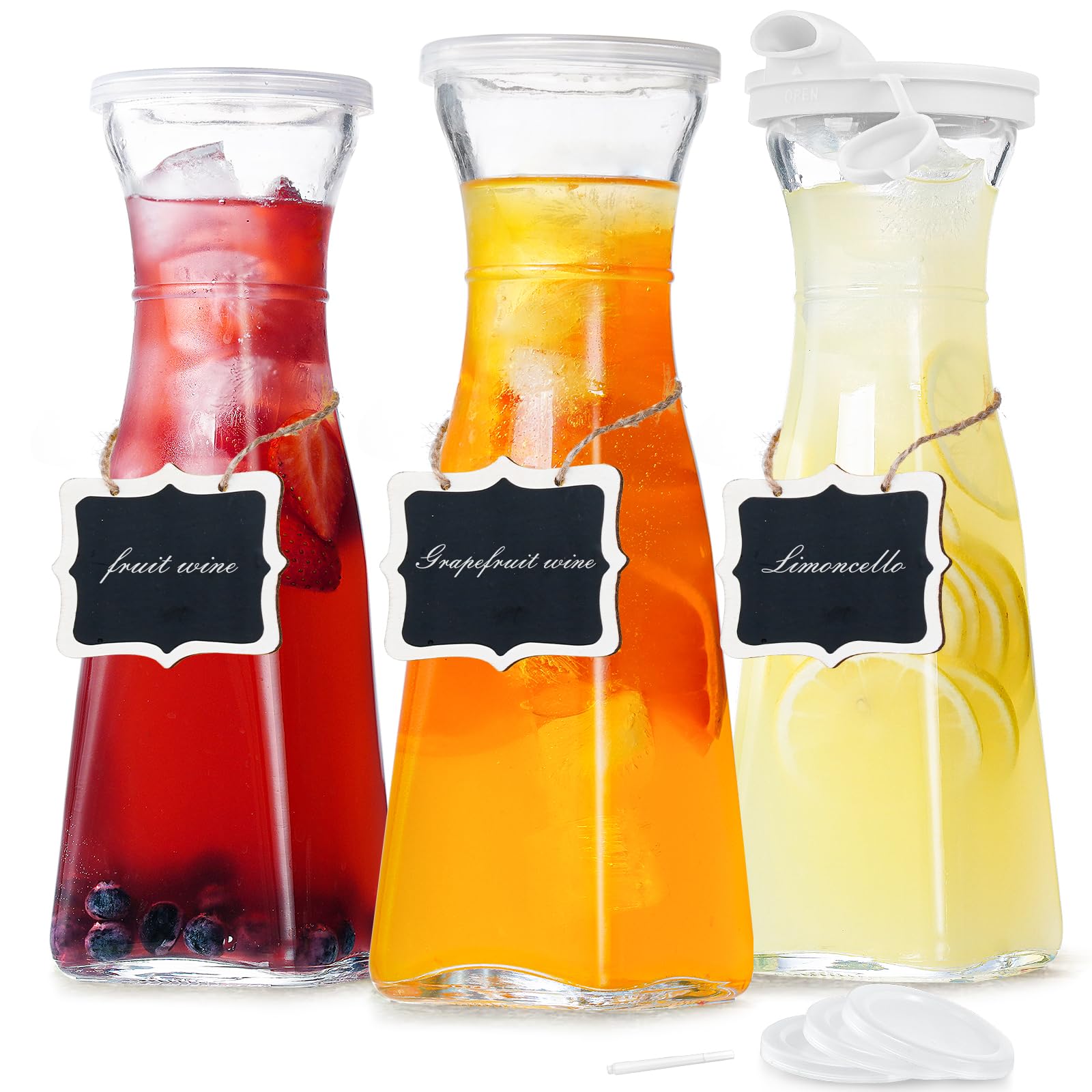 Photo 1 of 3 Pack 35 Oz Square Glass Carafe w5 Lids and 1 Silicone Pour Spout! Juice Pitchers for Fridge - Glass Beverage Dispensers for Water, Iced Tea, Beverage, Milk, Cold Brew, and Mimosa Bar