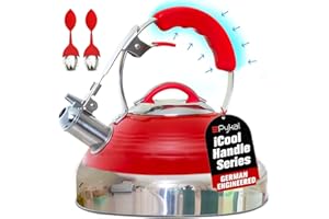 Pykal Retro Whistling Tea Kettle for Stove Top - 2.8 QT - Red Vintage Stainless Steel Tea Pot w/iCool Handle Technology - Teapot for Stovetop Induction or Gas
