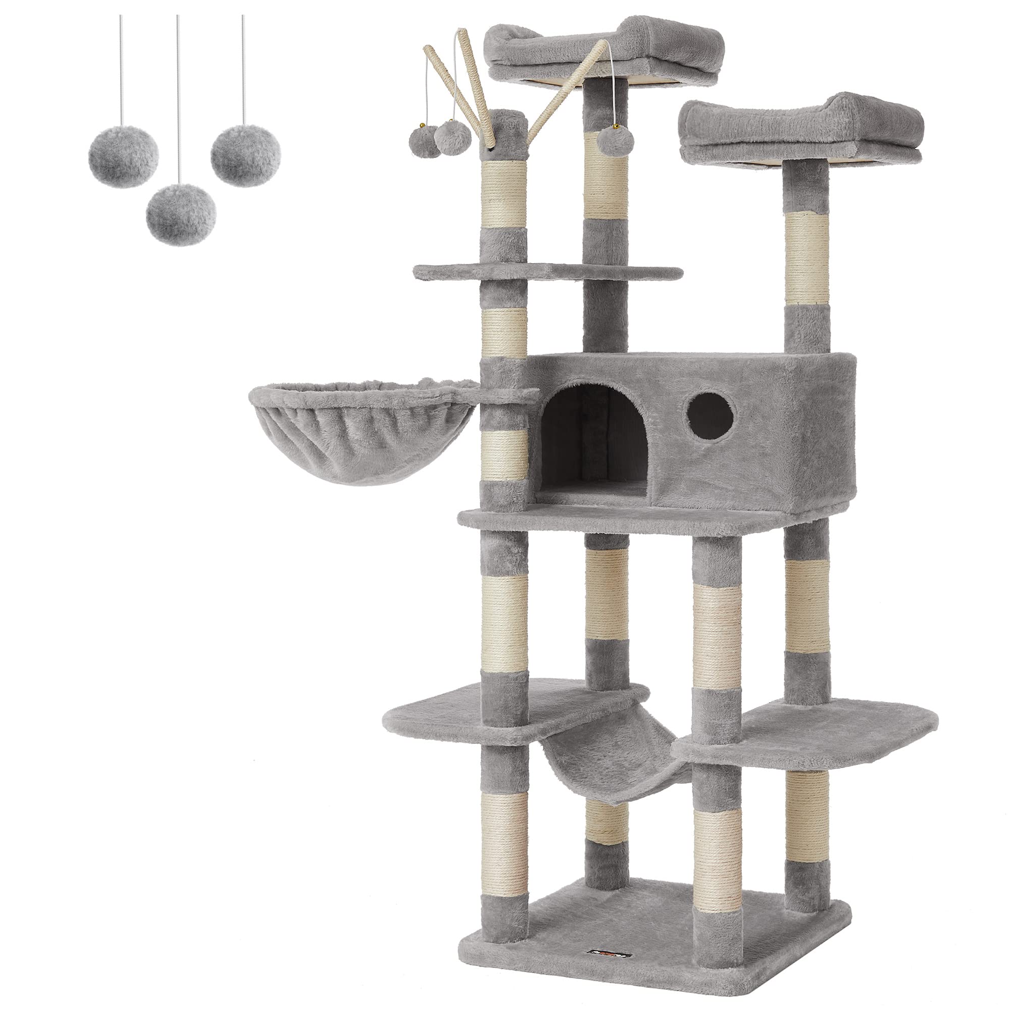 FEANDREA Cat Tree, Large Cat Tower, 64.6 Inches, Cat Activity Center with Hammock, Basket, Removable Fur Ball Sticks, Cat Condo, Light Gray UPCT087W01 Image