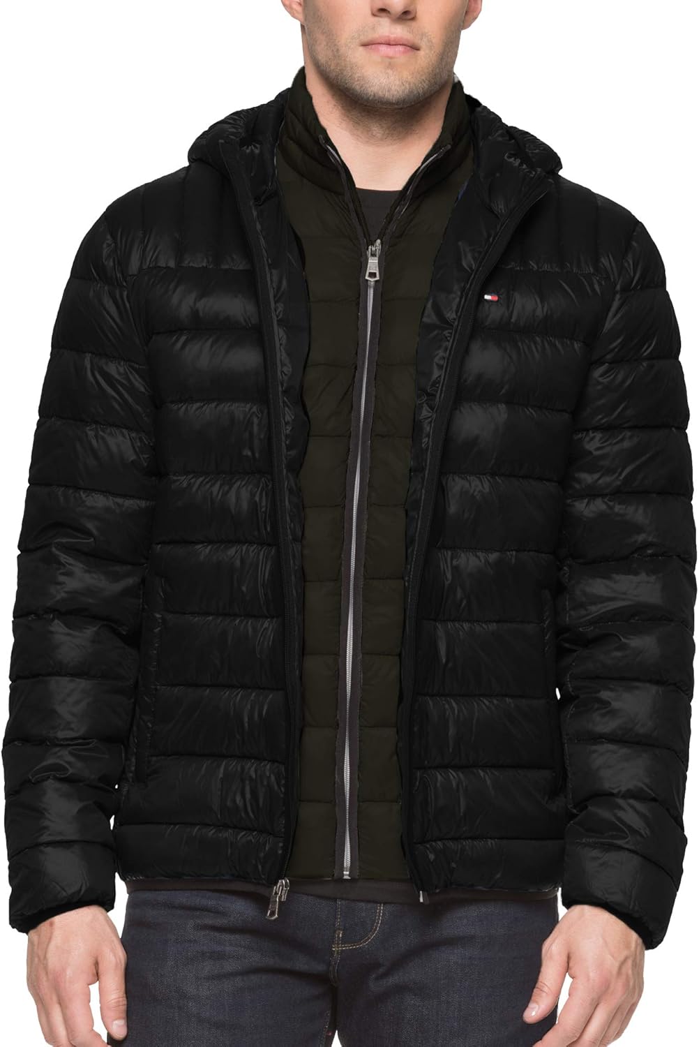 tommy hilfiger men's insulated packable jacket contrast bib hood