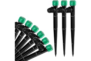 HUISUYTON 50pcs Drip Irrigation Emitters for 1/4" Drip Irrigation Tubing Adjustable 360 Degree Water Flow Drippers on 6.5" Sturdy Stake with Lock Barbed Irrigation Drippers for Watering System