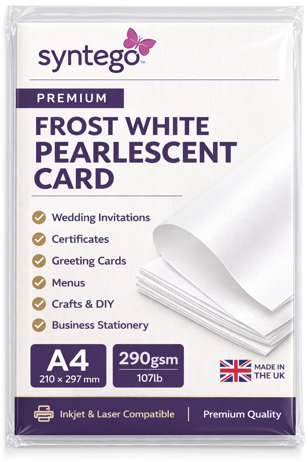 Syntego A4 Pearlescent Card – 290gsm / 107lb Double-Sided Metallic Cardstock for Invitations, Certificates, Crafts, Wedding Stationery & Professional Printing (10, White)