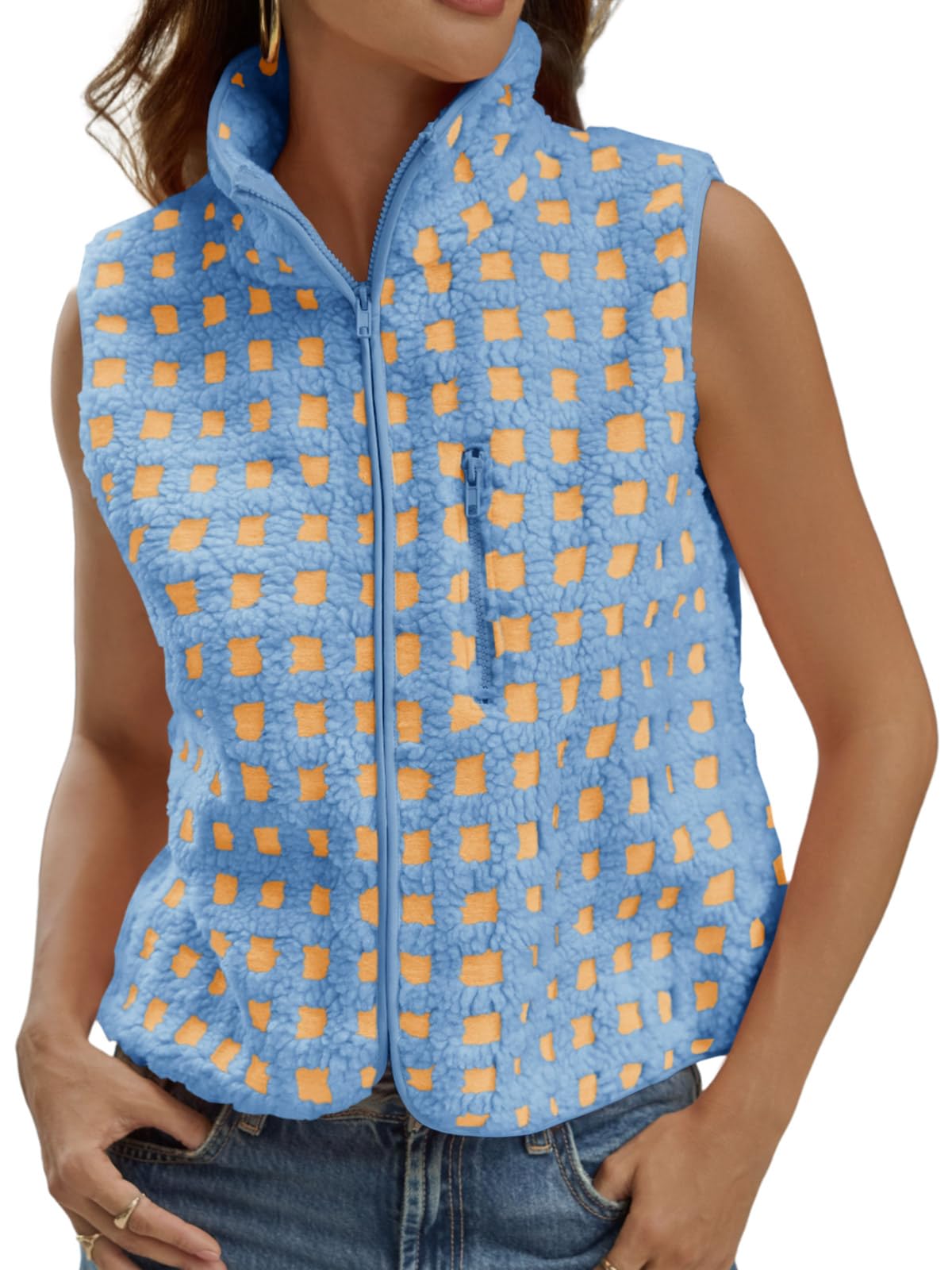 Photo 1 of ****SIZE S*****
Tankaneo Womens Checkered Sherpa Vest Fleece Fuzzy Zip Up Sleeveless Jacket Casual 2025 Winter Warm Outwear Blue