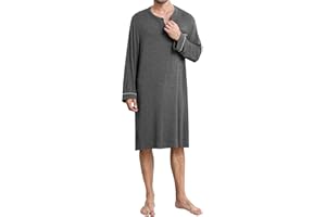 SWOMOG Men's Nightshirt Long Sleeve Nightgown Soft Loose Sleepwear Comfy Big & Tall Henley Sleep Shirt for Sleeping S-XXL