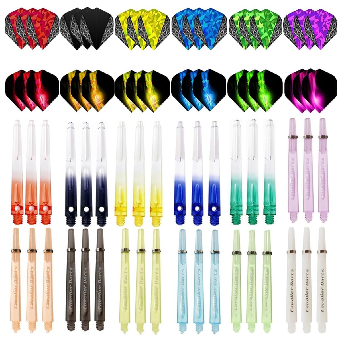 BIPY 72PCS Dart Shafts and Flights Set in 15Pcs Gradient Color Crystal Clear Dart Stems 21Pcs Colorful transparent frosted Dart Shafts and 36Pcs 2D Dart Flight Plastic Dart Accessories Kit
