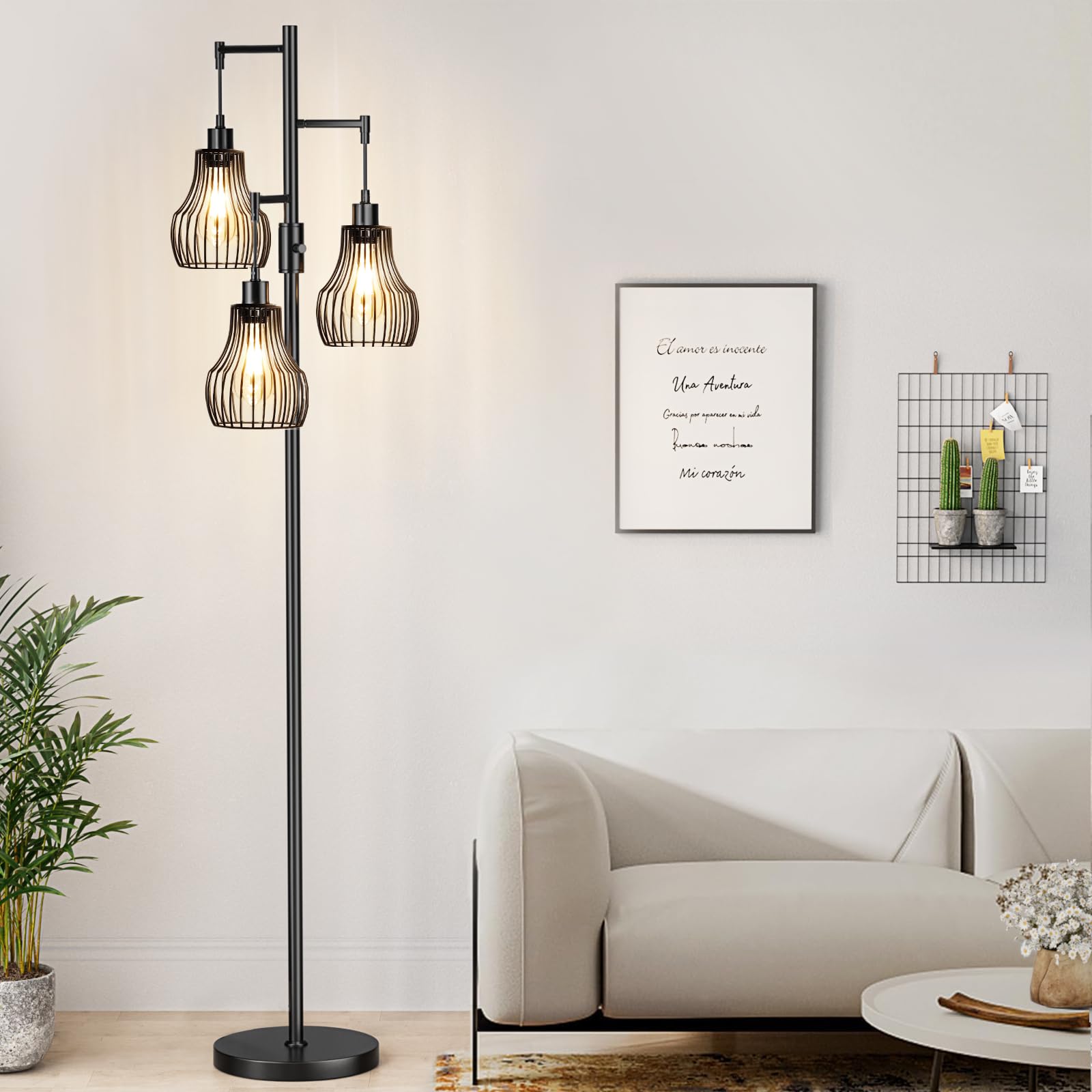 Photo 1 of Dimmable Floor Lamp, 3 x 800LM LED Edison Bulbs Included, Farmhouse Industrial Floor Lamp Standing Tree Lamp with Elegant Cage Tall Lamps for Living Room Bedroom Office - Black