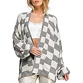 Saodimallsu Womens Checkered Oversized Cardigan Sweaters Color Block Chunky Open Front Lantern Sleeve Plaid Knit Coats