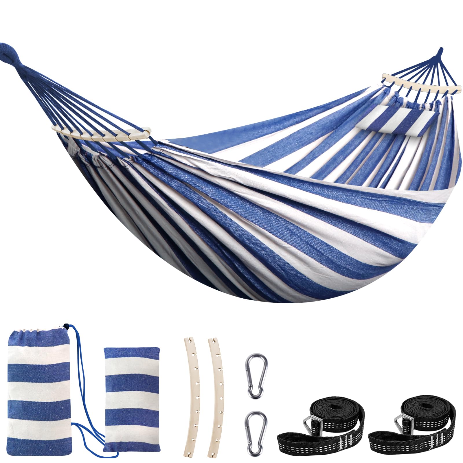 Chihee Cotton Hammock Large Soft Breathable Camping Hammock Holds Up to 660lbs Portable Tree Hammock with Detachable Spreader Bar Pillow 2 Strong Webbings 2 Carabiners Patio Garden Indoor Outdoor