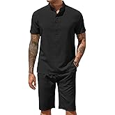 COOFANDY Men's 2 Pieces Set Short Sleeve Henley Shirts and Shorts Pants Texture Summer Beach Vacation Outfits