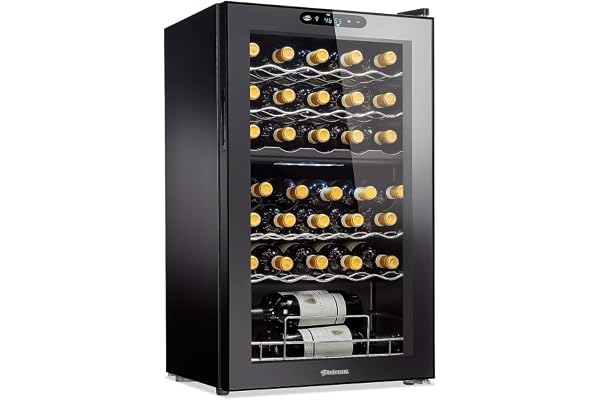 Wine Enthusiast 32-Bottle Dual Zone MAX Compressor Wine Cooler â€“ Freestanding Mini Fridge with Digital Touchscreen, LED Display, Split Storage for Red & White Wines, Matte Black Refrigerator Home Bar