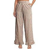 COZYPOIN Women's Gingham Pants Cotton Plaid Ruffle Hem Lounge Boxer Pant Y2K Pj Bottoms Casual Wide Leg Trousers with Pockets
