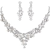BriLove Wedding Bridal Simulated Pearl Necklace Earrings Jewelry Set for Women Filigree Vine Y-Necklace Dangle Earring Clear Silver-Tone