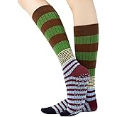Verdancy Yoga Pilates Socks with Grips for Women Striped Color-Blocked Knee Highs Non Slip Cushioned Over the Calf Socks
