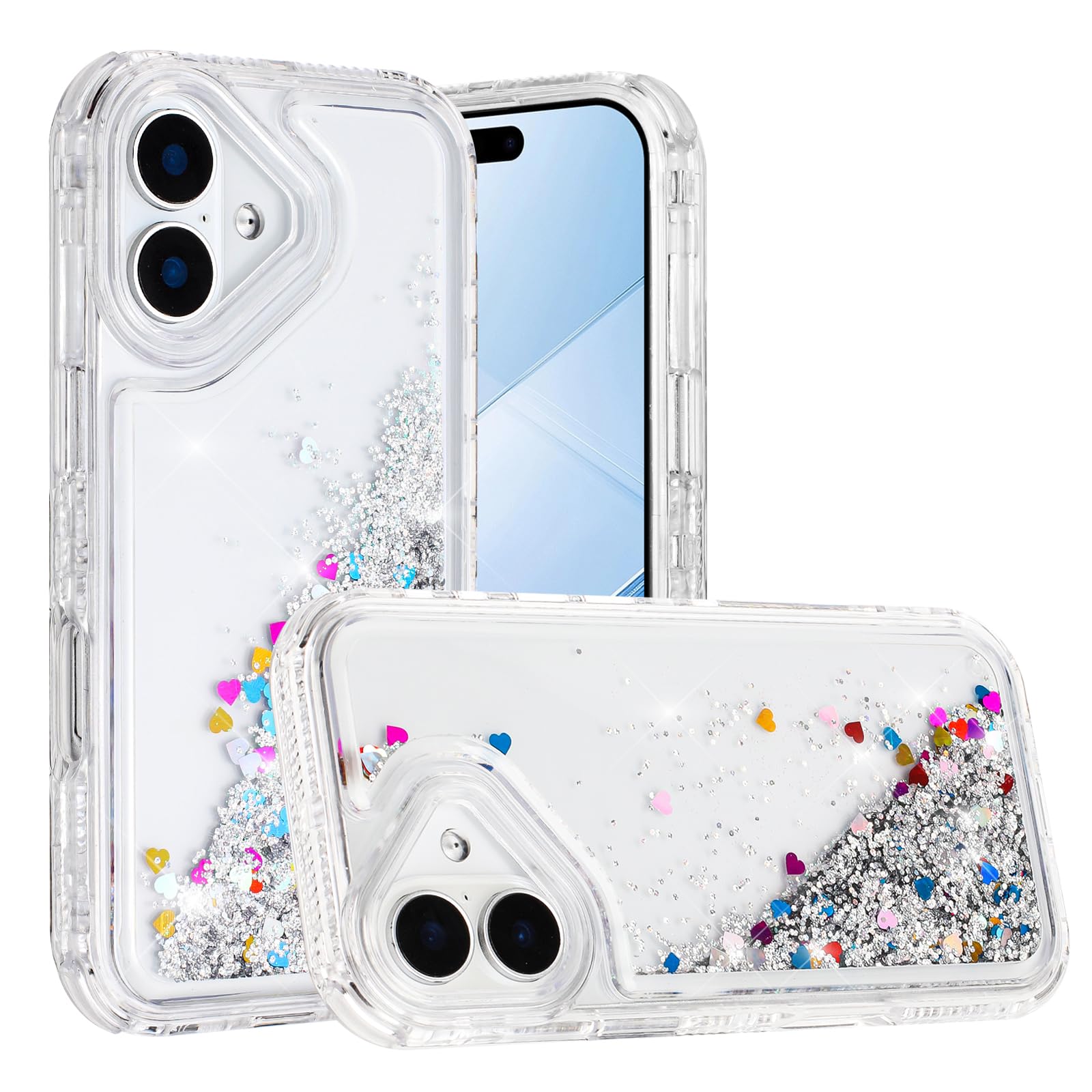 Tikoo Designed for iPhone 17 Case Glitter for Women Girl Clear 3-in-1 Heavy Duty Protective Phone Cover with Floating Liquid Quicksand Bling Sparkly Cute Case for iPhone 17 6.3" (Silver)