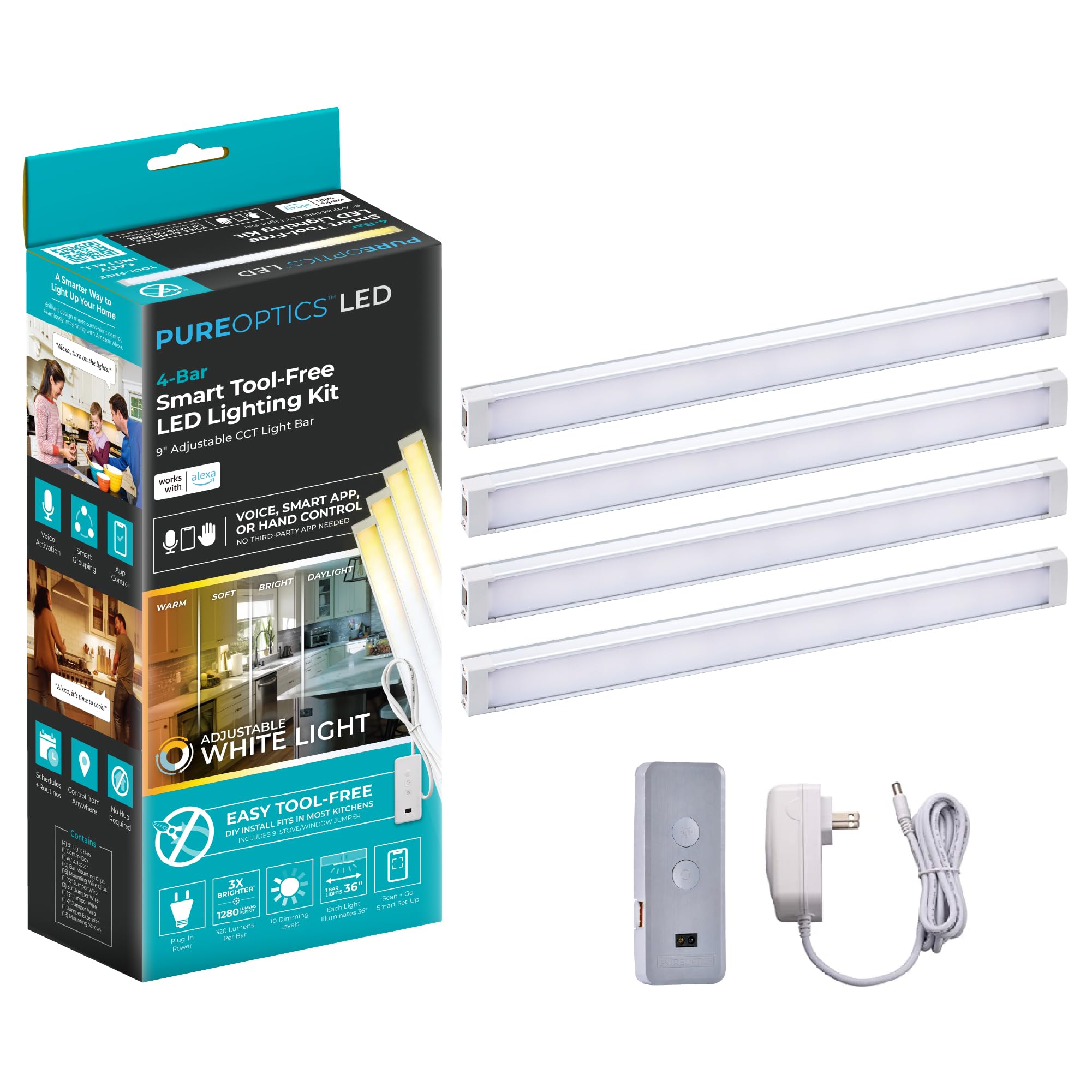 BLACK+DECKER Compatible with Alexa Smart LED Under Cabinet Lighting Kit, Motion Sensor, Dimmable , 3 Color Settings, For Kitchen, Cabinets and Closets, (4) 9" Bars, White, A Device Image