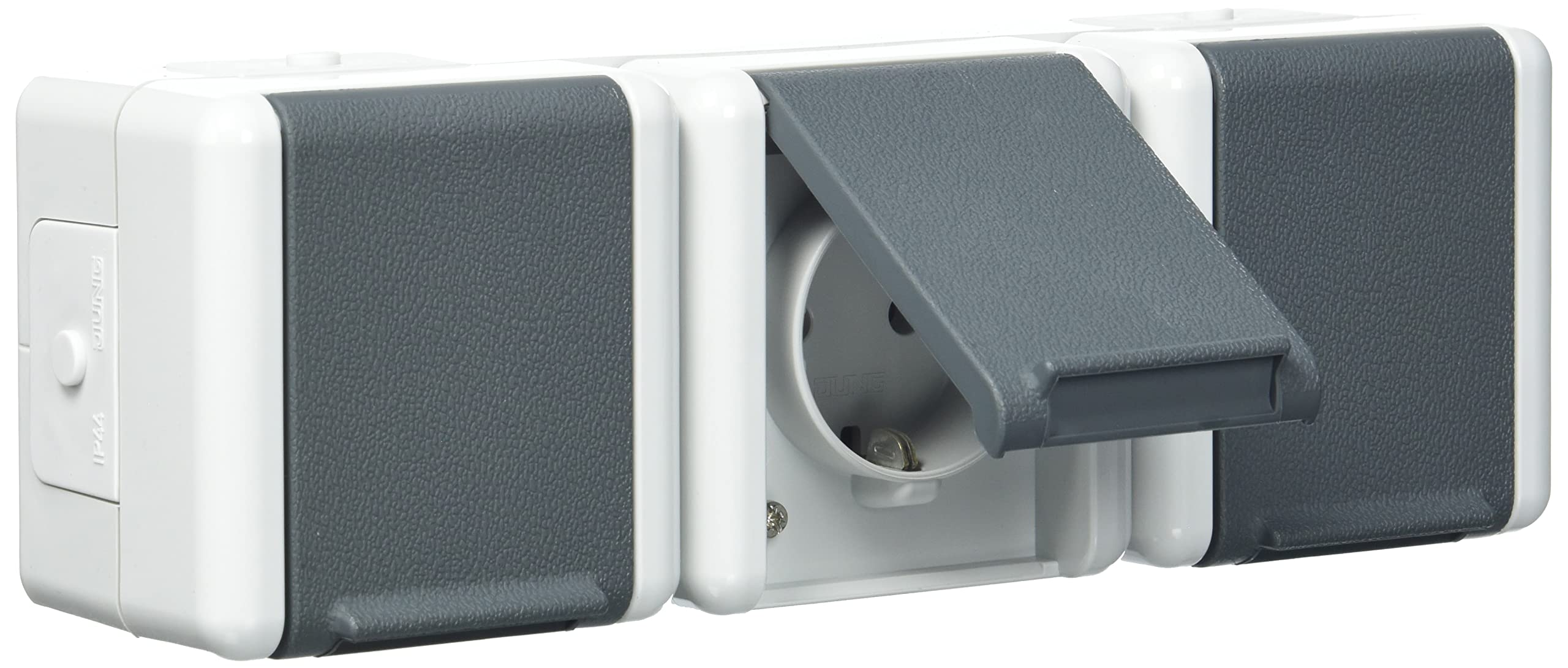 Jung 8230W - 3-Pack Schuko Triple Socket, 16A, 250V ~, IP44, Thermoplast, Horizontal Mounting, Black