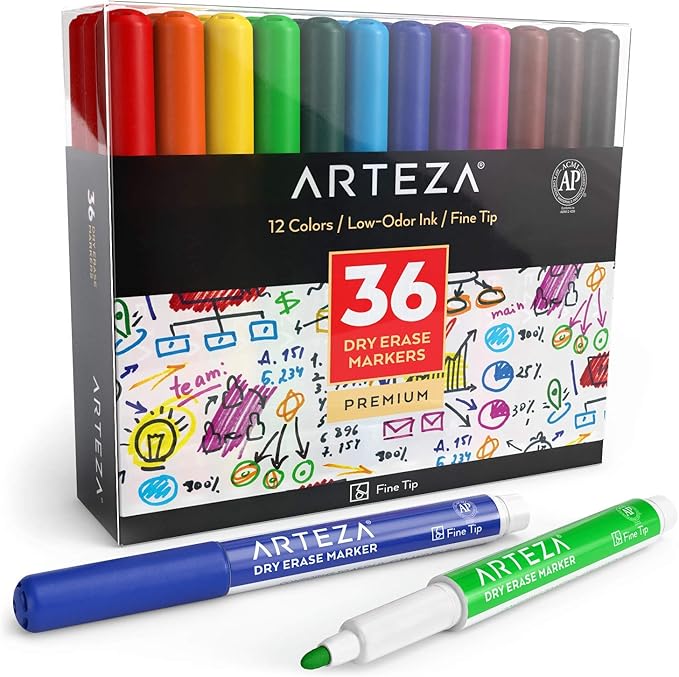 Arteza Whiteboard Marker mit feiner Spitze, Set mit 36 Whiteboard